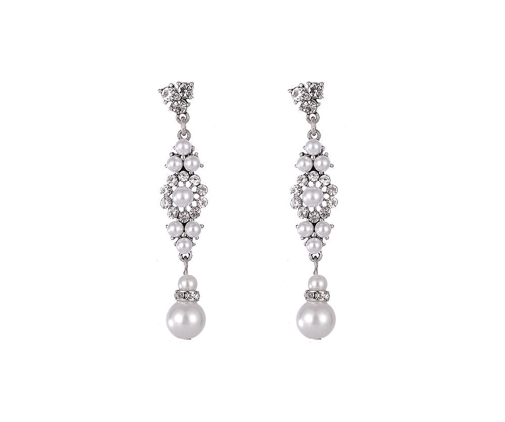Silver vintage long earrings with diamante and pearl