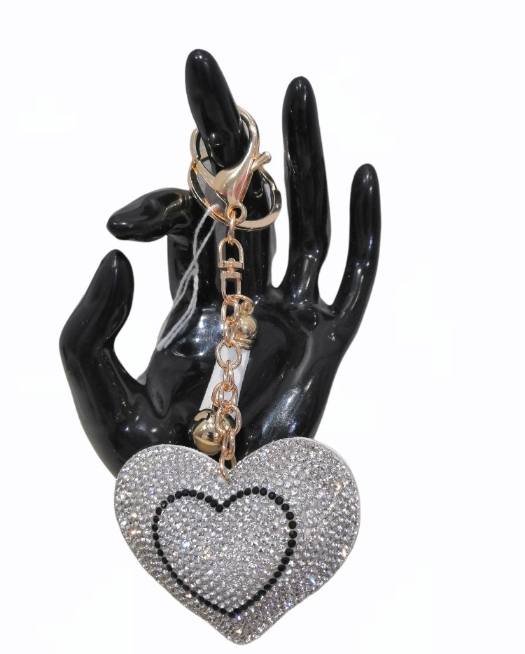 Padded Silver Heart Diamante Keyring
