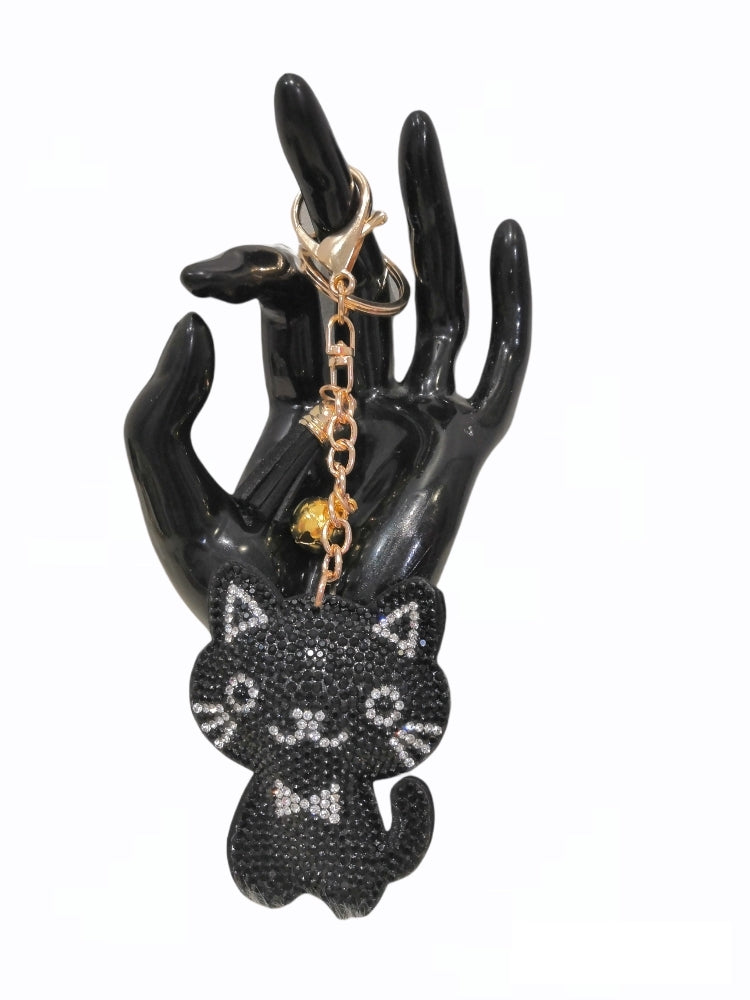 Padded Black Cat Diamante Keyring
