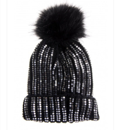 Soft knit sequinned, lined bobble hat